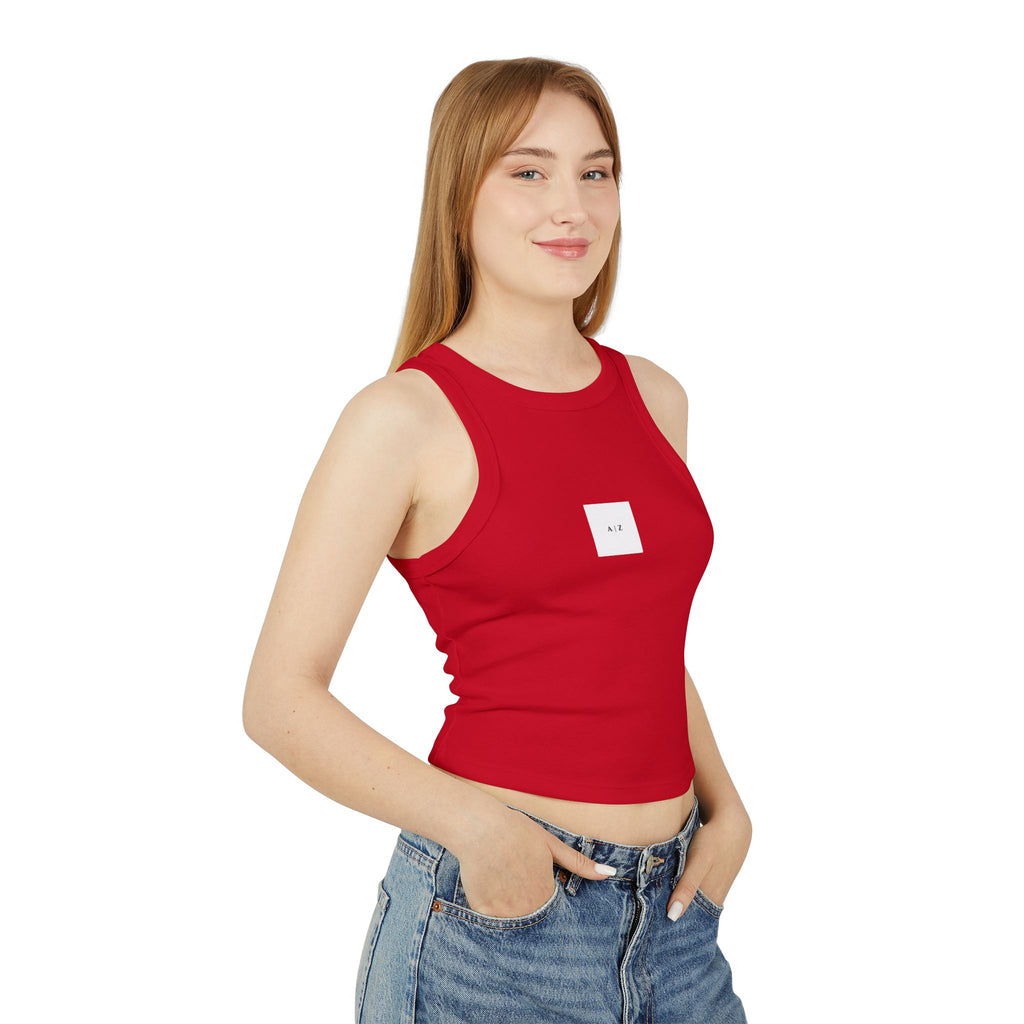 White Micro Rib Racer Tank Top — Minimal 'A I Z' Chest Logo, Cropped Summer Staple