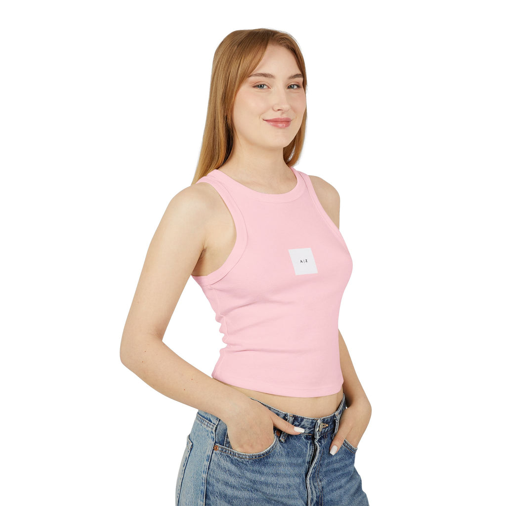White Micro Rib Racer Tank Top — Minimal 'A I Z' Chest Logo, Cropped Summer Staple