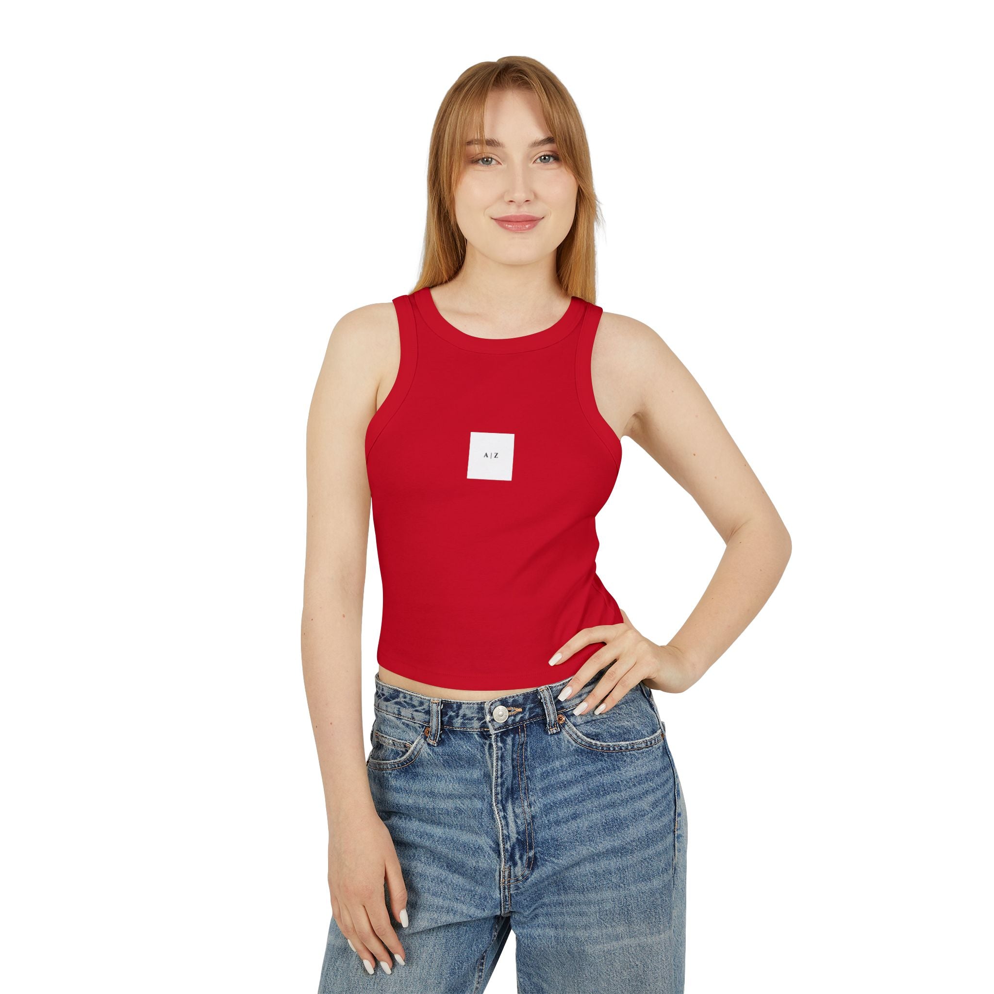 White Micro Rib Racer Tank Top — Minimal 'A I Z' Chest Logo, Cropped Summer Staple