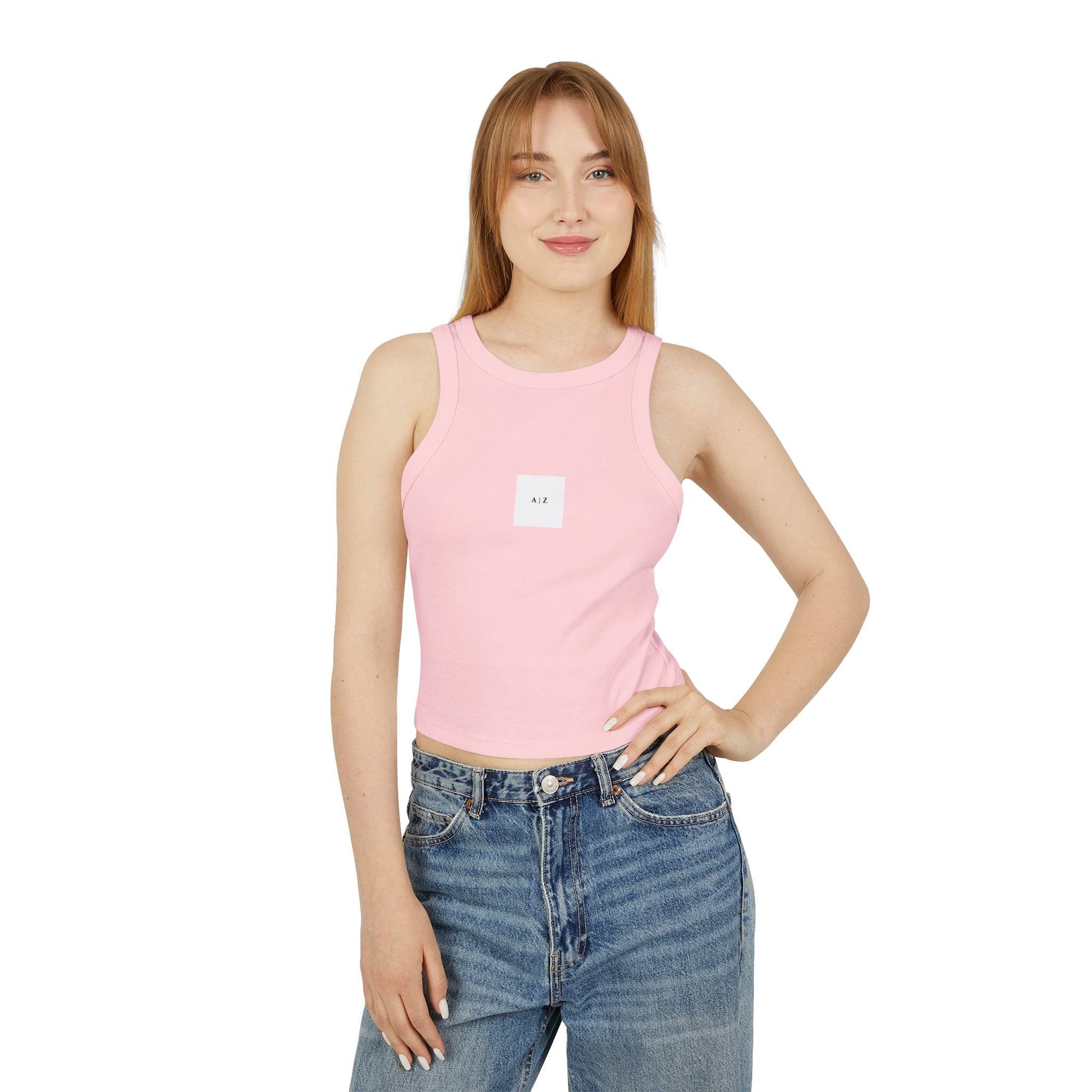 White Micro Rib Racer Tank Top — Minimal 'A I Z' Chest Logo, Cropped Summer Staple
