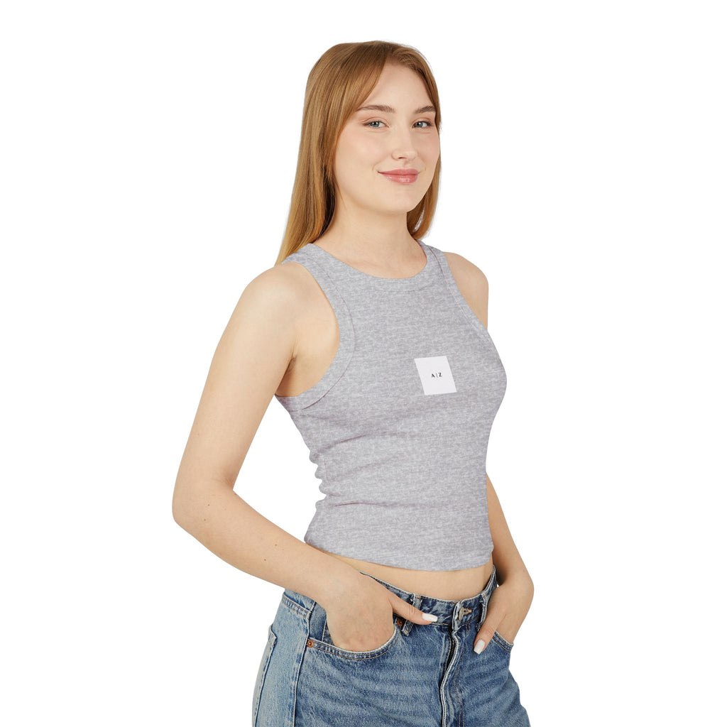 White Micro Rib Racer Tank Top — Minimal 'A I Z' Chest Logo, Cropped Summer Staple