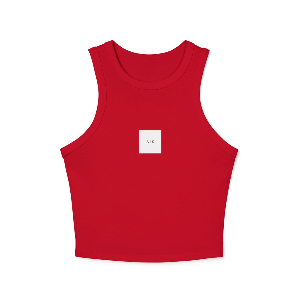 White Micro Rib Racer Tank Top — Minimal 'A I Z' Chest Logo, Cropped Summer Staple