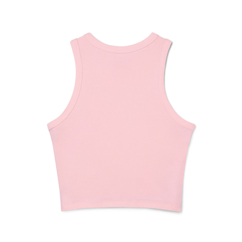 White Micro Rib Racer Tank Top — Minimal 'A I Z' Chest Logo, Cropped Summer Staple