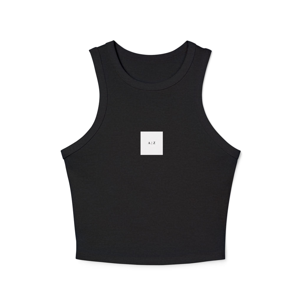 White Micro Rib Racer Tank Top — Minimal 'A I Z' Chest Logo, Cropped Summer Staple