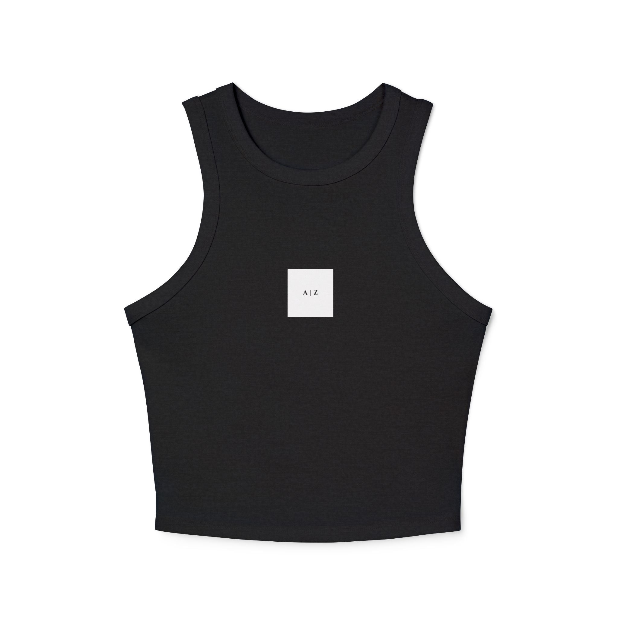 White Micro Rib Racer Tank Top — Minimal 'A I Z' Chest Logo, Cropped Summer Staple