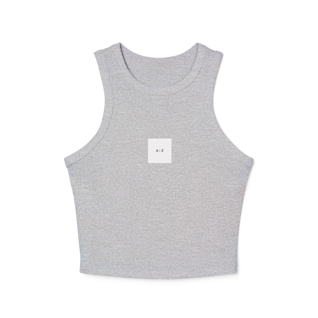 White Micro Rib Racer Tank Top — Minimal 'A I Z' Chest Logo, Cropped Summer Staple