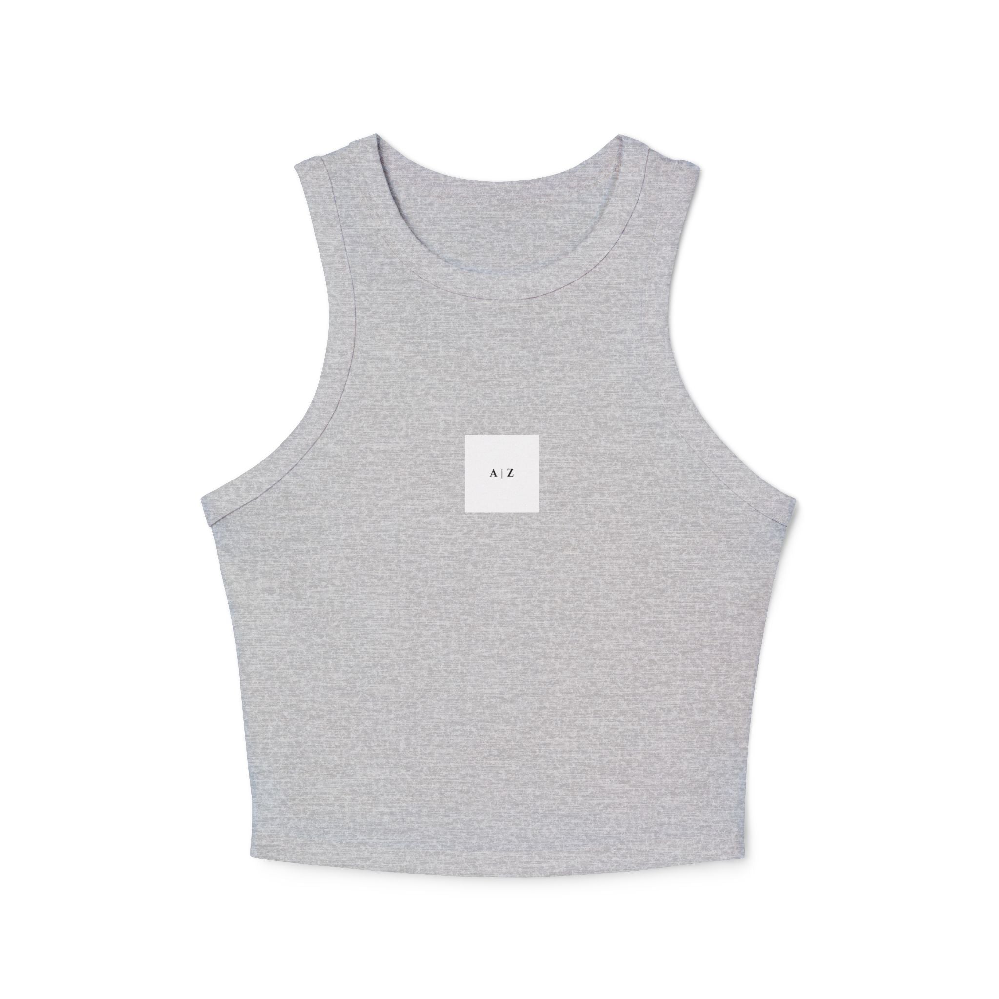 White Micro Rib Racer Tank Top — Minimal 'A I Z' Chest Logo, Cropped Summer Staple