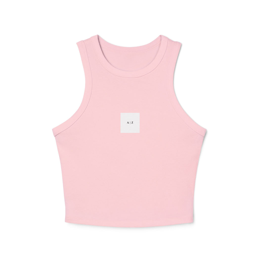 White Micro Rib Racer Tank Top — Minimal 'A I Z' Chest Logo, Cropped Summer Staple