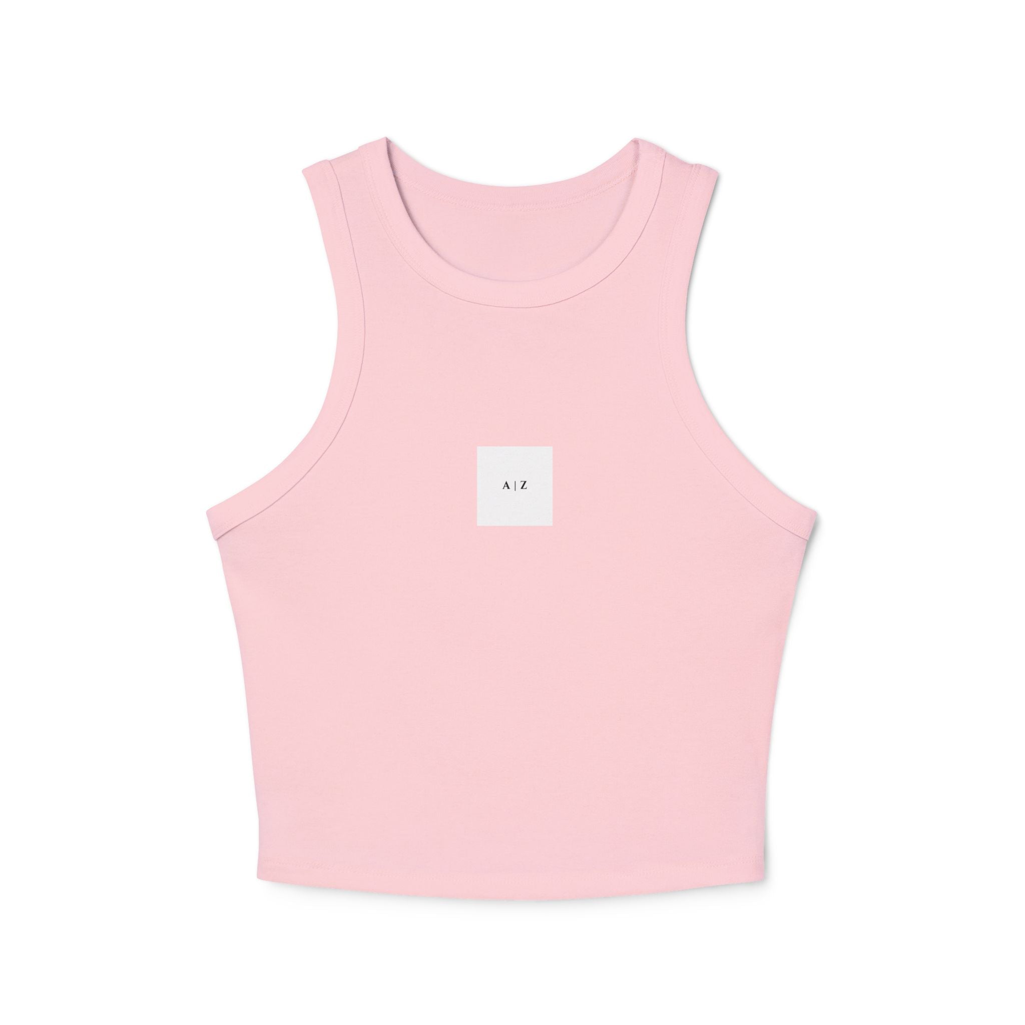White Micro Rib Racer Tank Top — Minimal 'A I Z' Chest Logo, Cropped Summer Staple