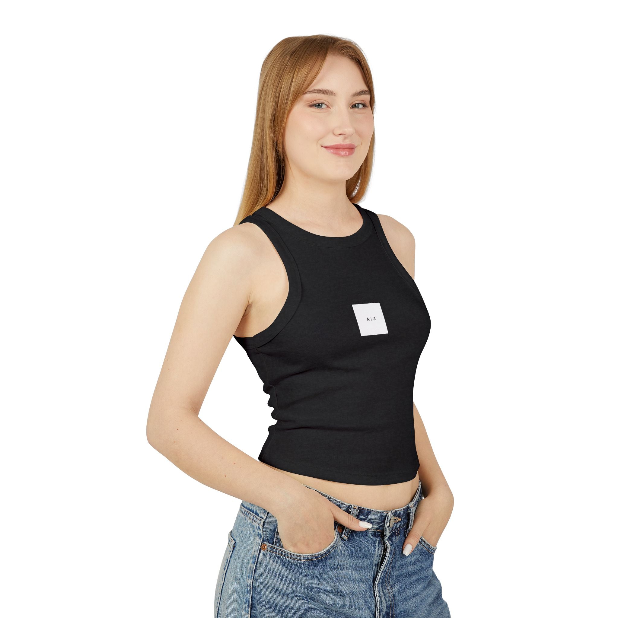 White Micro Rib Racer Tank Top — Minimal 'A I Z' Chest Logo, Cropped Summer Staple