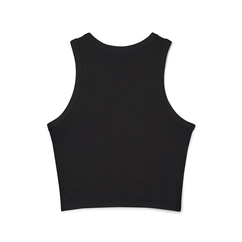 White Micro Rib Racer Tank Top — Minimal 'A I Z' Chest Logo, Cropped Summer Staple
